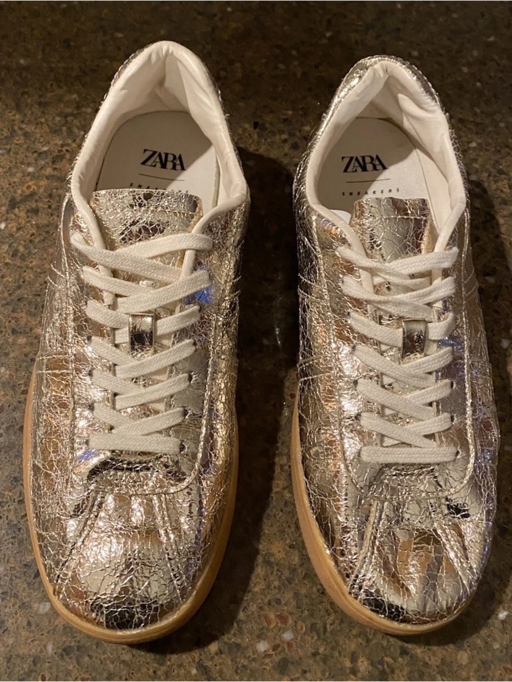 ZARA Metallic Crackle Sneakers in Gold and White
